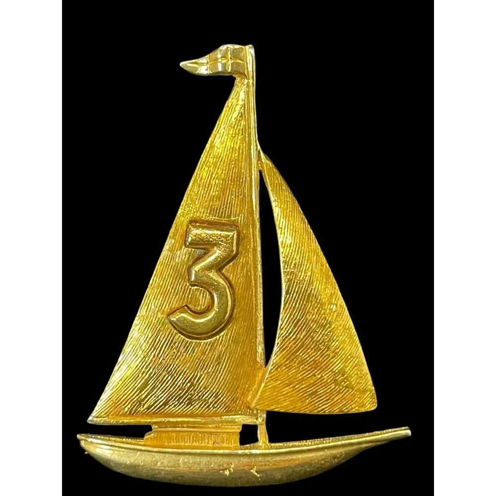 Vtg Arthur Pepper ART Jewelry Signed Brushed Gold Tone Sailboat Brooch Nautical - Picture 2 of 6